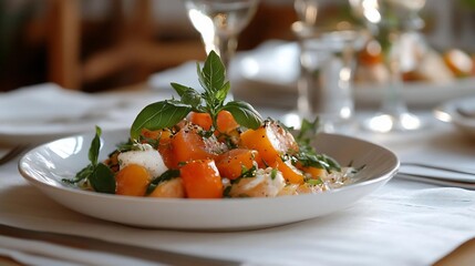 Poster - A close-up of a fresh colorful salad on a white plate with tomatoes mozzarella and basil on a restaurant table setting with soft lighting