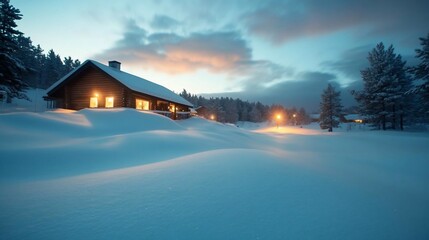 Aufkleber - Snow covered cabin illuminated by warm light in a serene snowy landscape during dusk with soft sky and wintery ambiance