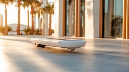 Poster - A futuristic white transportation device on a paved surface bathed in golden sunlight with blurred background. The scene has a modern architectural setting