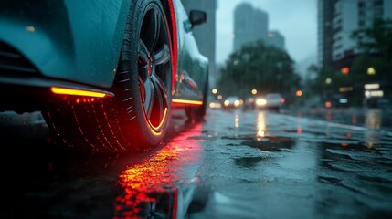 Poster - Low-angle view of a car tire and wheel illuminated with red lights on a rainy street reflects lights cityscape blurred background