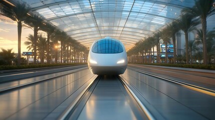 Leinwandbilder - Futuristic train speeding through a covered station bathed in warm light palm trees framing the scene with architectural glass modern design