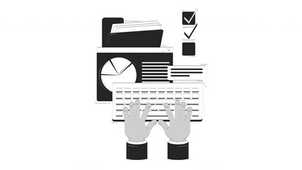 Poster - Business task management doodle outline animation. Project manager hands typing on keyboard, charts check boxes productivity animated sketch 2D concept isolated on white. 4K video motion graphic