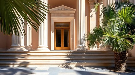 Poster - Exterior view of a classical building entrance featuring columns and steps framed by palm leaves under sunny conditions