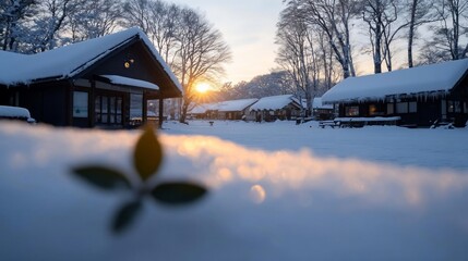 Leinwandbilder - Snow-covered buildings and ground with a vibrant sunset in the background. The scene is filled with a sense of tranquility and coldness