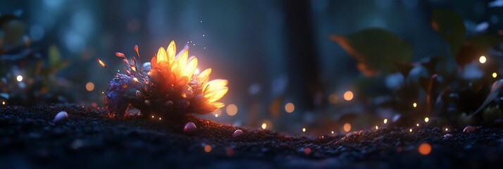 Poster - An abstract image featuring a glowing object emitting light on the forest floor surrounded by nature elements creating a magical ethereal atmosphere