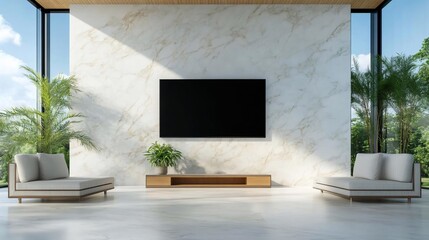 Poster - Luxurious living room with marble wall a large television and natural light. Modern furniture and indoor plants create a stylish and inviting atmosphere