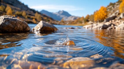 Poster - Water droplet impact creating ripples in a tranquil mountain lake with surrounding rocks and autumn foliage reflecting sunlight