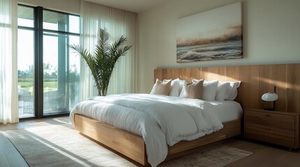 Aufkleber - Bright bedroom interior featuring a wooden bed frame with white bedding a large window with sheer curtains a painting on the wall and a side table with a lamp