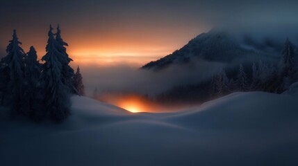 Aufkleber - Snowy landscape at sunset with a bright orange sky and snow-covered trees creating a serene winter scene. The mountains are shrouded in mist, and the snow-covered foreground has a depth of field