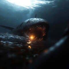Poster - Dramatic underwater scene depicting a large shark illuminated by internal light sources amidst turbulent water. Intense lighting and textures create a chilling and ominous atmosphere