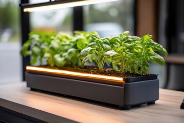 Poster - A close-up of a rectangular planter box filled with lush green [plant] plants illuminated by an orange light strip and a top light. The planter sits on a wooden surface with blurred background