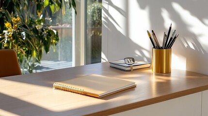 Poster - A sunlit desk scene featuring a beige notebook pen holder and stationery set with a bright window backdrop and warm natural lighting