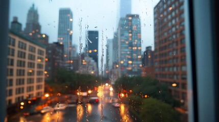 Aufkleber - Cityscape view through rain-streaked window reflecting streetlights. Urban environment with buildings and trees illuminated by artificial light. Soft focus and moody atmosphere