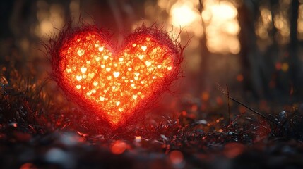 Poster - Glowing heart composed of small hearts radiating light in a forest setting with bokeh background