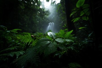 Leinwandbilder - Lush green rainforest scene with a waterfall cascading in the background. Foreground features wet leaves and ferns. Atmospheric lighting evokes a sense of serenity
