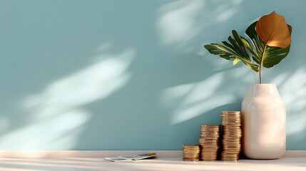 Poster - Still life composition featuring stacked coins vase with leaves and a shadow on a teal background