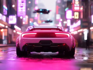 Poster - Futuristic pink sports car in a neon-lit cityscape. Reflections on wet pavement with flying vehicles in the background. Vibrant magenta and purple lights create a cyberpunk atmosphere