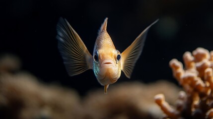 Aufkleber - Close-up of a golden fish with detailed scales and fins against a dark background. The fish is centered and facing forward with coral at the bottom right