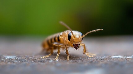 Poster - Macro shot of an insect with intricate details featuring a blend of orange and black stripes. The blurred green background contrasts with the sharp focus on the bug on a textured surface