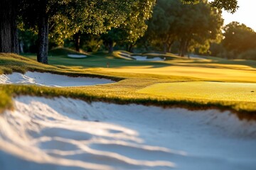 Poster - A golf course landscape featuring a sandy bunker green grass and trees bathed in golden sunlight creating a serene outdoor scene