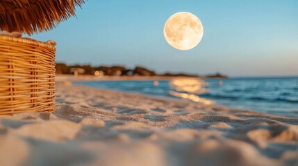 Leinwandbilder - A golden moon hangs over a sandy beach with a woven basket in the foreground and the ocean meeting the horizon