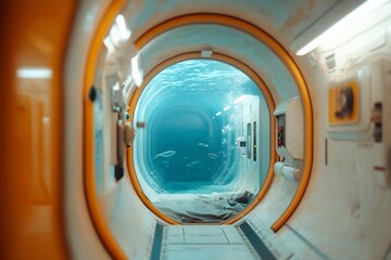 Aufkleber - Tunnel underwater view with yellow and white interior walls and a perspective that leads to the depth of the water. Contains various marine life and a soft lighting that illuminates the tunnel