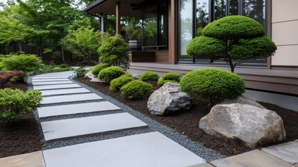 Poster - Stone pathway leads through meticulously landscaped garden with manicured bushes and trees featuring a zen atmosphere with natural elements and a touch of modern design