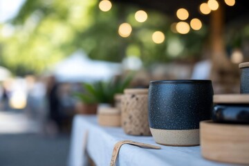 Poster - Close-up view of ceramic mugs on a table outdoors with blurred background. Selective focus highlights black speckled pottery with a natural textured base. Background shows greenery and string lights