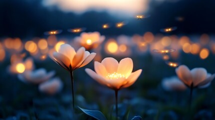 Poster - Glowing ethereal flowers illuminated by soft light against a dark background with magical bokeh effect and flying fireflies creating a dreamy atmosphere