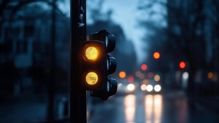 Aufkleber - A close-up shot of a traffic light with yellow illuminated signals against a blurred street backdrop. The image captures a rainy urban atmosphere