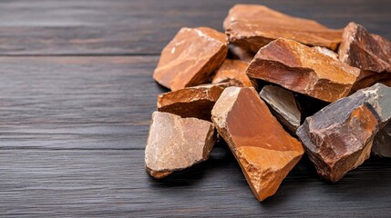 Aufkleber - Pile of raw rough rocks in various shades of brown and gray set on a dark wooden surface with natural textures. The rocks are illuminated with soft natural light