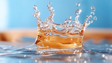 Aufkleber - Water splash crown shaped water droplets macro shot with golden orange background and blue gradient backdrop, creating a dynamic abstract composition