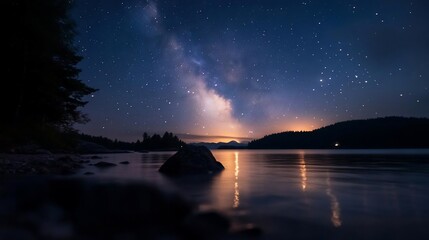 Poster - Night landscape featuring the Milky Way reflected in calm water with trees and a rocky foreground dark blue sky and bright lights