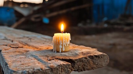 Poster - A lit candle on a weathered wooden surface emits warm light creating a tranquil atmosphere. The candle's wax is melting with a blurry background