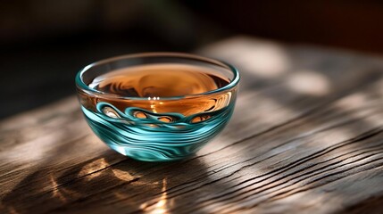 Aufkleber - Close up shot of a glass bowl filled with amber liquid on a wooden surface illuminated by sunlight creating shadows