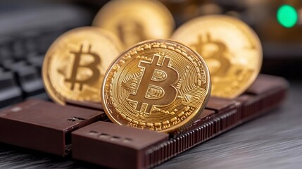 Poster - Golden coins arranged on a dark keyboard showcasing cryptocurrency. The composition highlights digital finance and investment with a shallow depth of field and selective focus