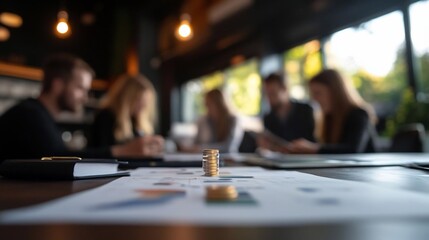 Poster - Business team meeting around a table with documents and coins in focus. Blurred background with individuals, focused on financial concepts, collaborative work, and a professional ambiance