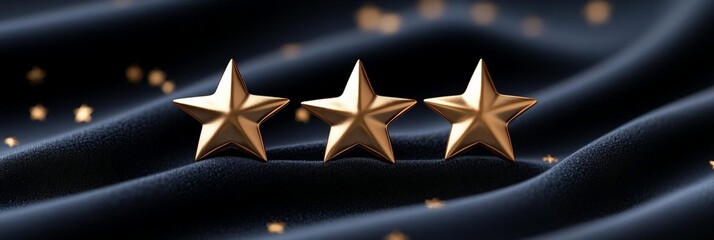 Poster - Three golden stars sit on a textured dark blue fabric creating a luxurious abstract scene with small bokeh lights adding subtle sparkle in background