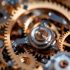 Poster - Intricate details of metallic gears and mechanisms illuminated with soft light revealing the precision and complexity of an internal machine