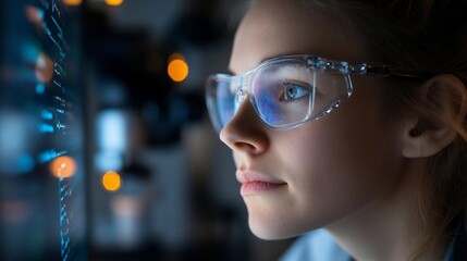Aufkleber - Portrait of a woman wearing protective eyewear, focused on a digital interface with a blurred background and soft lighting