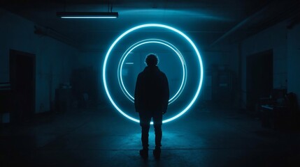 Aufkleber - Silhouette of a person standing before glowing blue circles in a dark room with a mysterious atmosphere. The image features a neon light effect