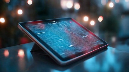 Aufkleber - Digital tablet displaying data with blue and red hues rests on a surface against blurred festive lights creating a modern tech atmosphere
