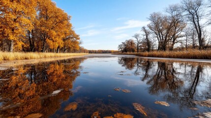 Aufkleber - Autumnal landscape of a tranquil lake reflecting golden trees and a clear blue sky creates a serene, immersive atmosphere