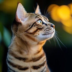 Aufkleber - Close-up portrait of a domestic cat gazing upwards with focused eyes against a blurred natural background featuring golden highlights and soft lighting