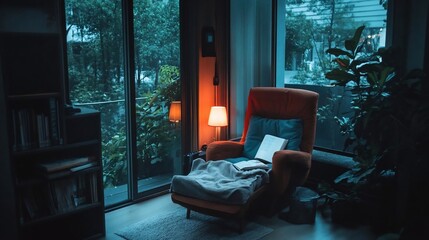 Aufkleber - Cozy indoor scene featuring an armchair a lamp and window with green trees outside. Warm light contrasts with the cool toned colors. Book and blanket on chair suggest relaxation and peace