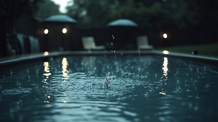 Poster - Raindrops splashing in a tranquil pool reflecting soft lights and silhouettes creating a serene atmosphere during a downpour