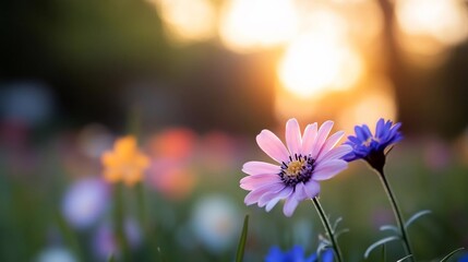 Aufkleber - Close-up shot of vibrant wildflowers bathed in golden sunlight featuring pink and purple petals. Soft focus background creates a dreamy, idyllic ambiance