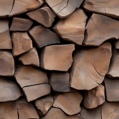 Poster - Close-up view of neatly stacked firewood showing textured surfaces. Warm brown tones and varied shapes create a natural and rustic aesthetic. Focus on texture and pattern
