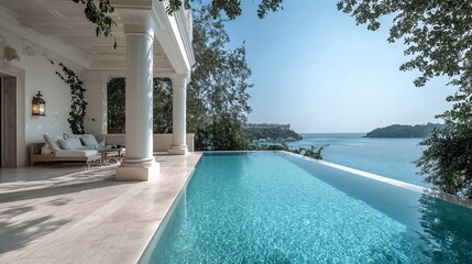 Poster - Elegant coastal villa with infinity pool overlooking the sea featuring white columns lush greenery and sunny weather.  Captures the essence of luxury and tranquility