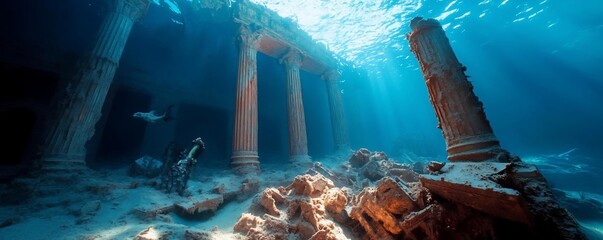 Poster - Submerged ancient architecture underwater with sunlight beams casting through the water. Ruins of columns and structures are visible creating a mysterious atmosphere. Divers explore the marine